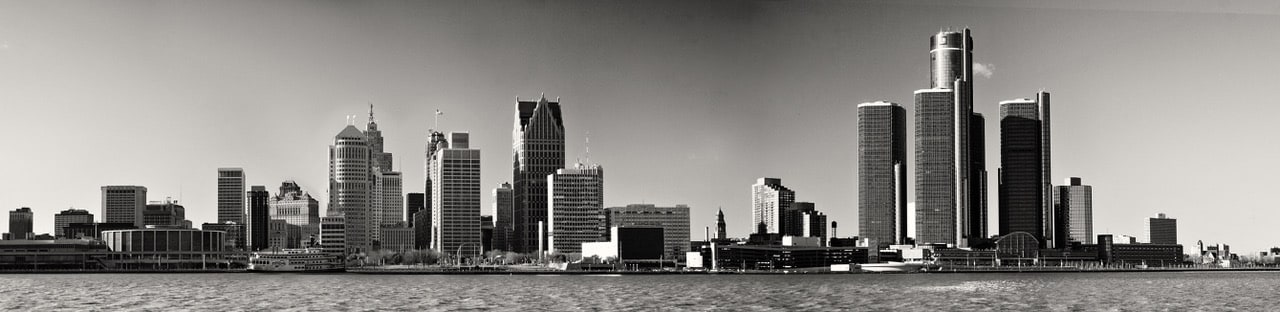 panoramic Detroit, Michigan skyline over waterfront